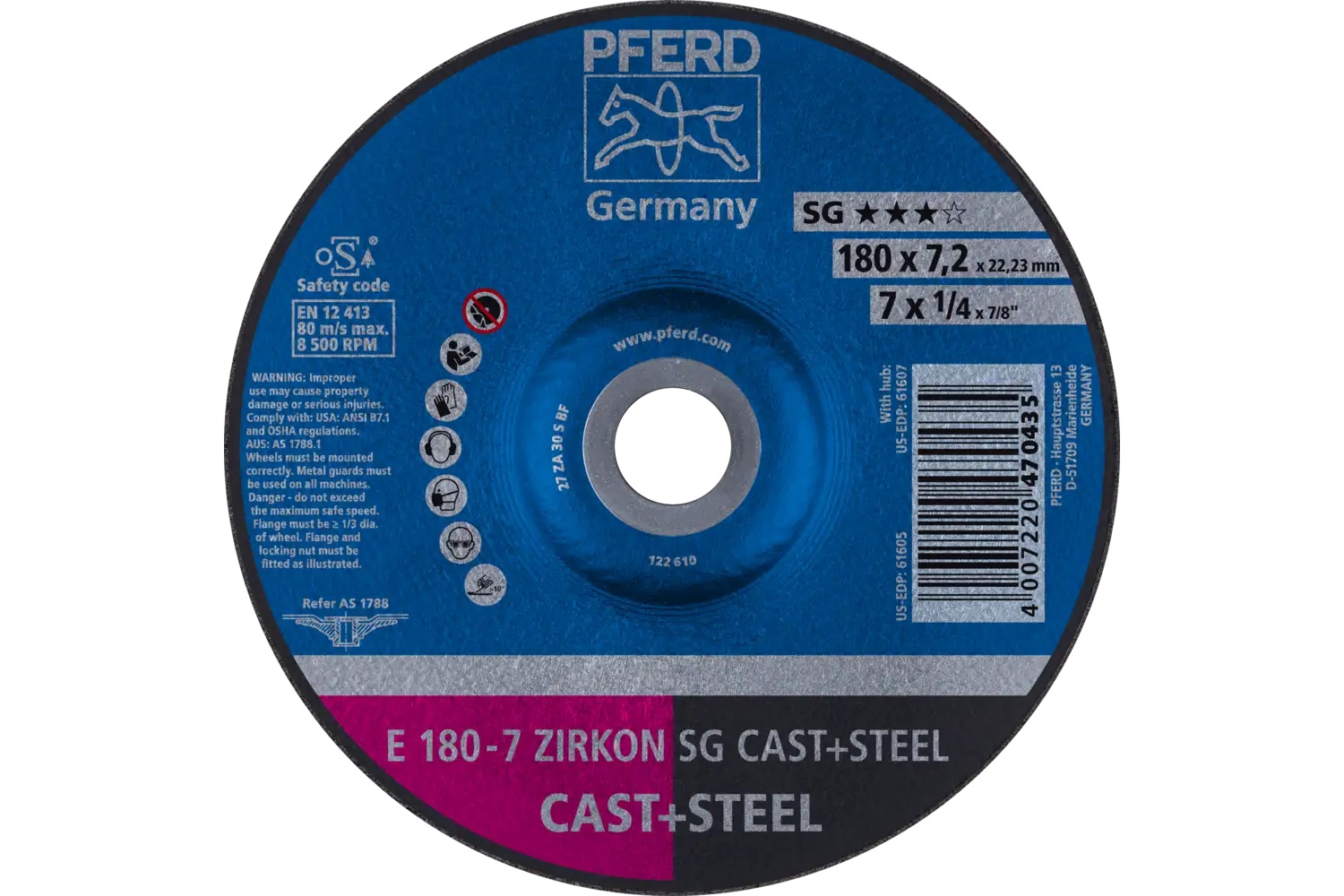 Picture of Pferd Grinding Wheel, 7" X 1/4 X 7/8, Zircon Sg Cast+Steel, T27, Za, Ao